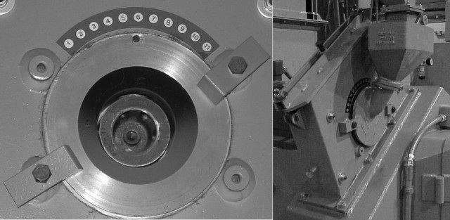 Entire blastwheel assembly with funnel and feedpipe at right, core only at left