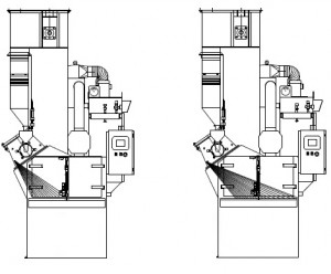 The blast pattern of each blast wheel can be adjusted to project media for maximum effect.